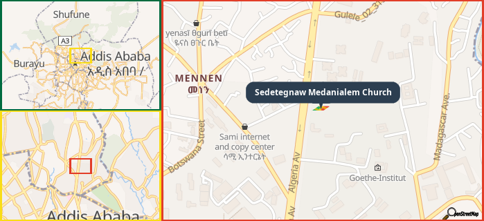 Map showing the address of Sedetegnaw Medanialem Church in three different zoom levels.