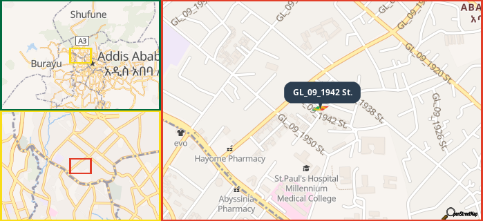 Map showing the address of GL_09_1942 St. in three different zoom levels.