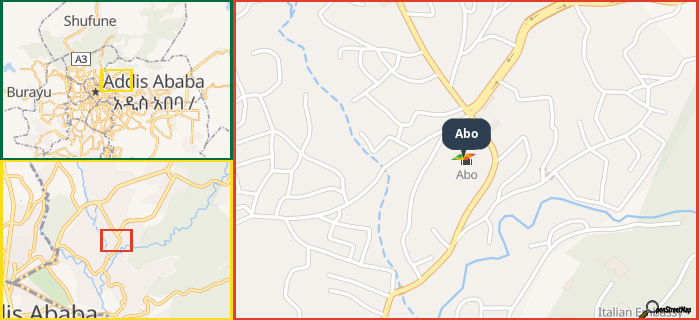 Map showing the address of Abo in three different zoom levels.