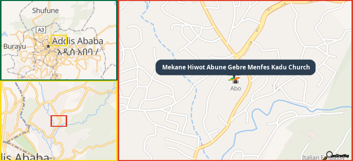 Map showing the address of Mekane Hiwot Abune Gebre Menfes Kadu Church in three different zoom levels.