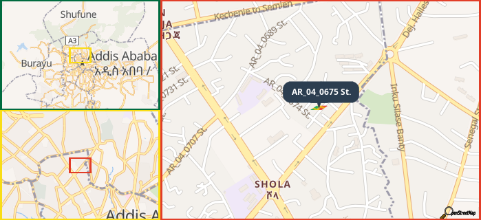 Map showing the address of AR_04_0675 St. in three different zoom levels.