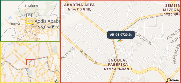 Map showing the address of AR_04_0720 St in three different zoom levels.