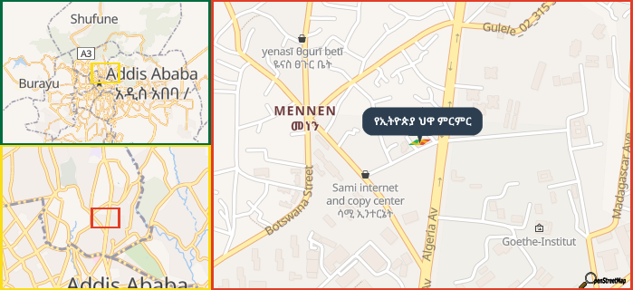 Map showing the address of የኢትዮጵያ ህዋ ምርምር in three different zoom levels.