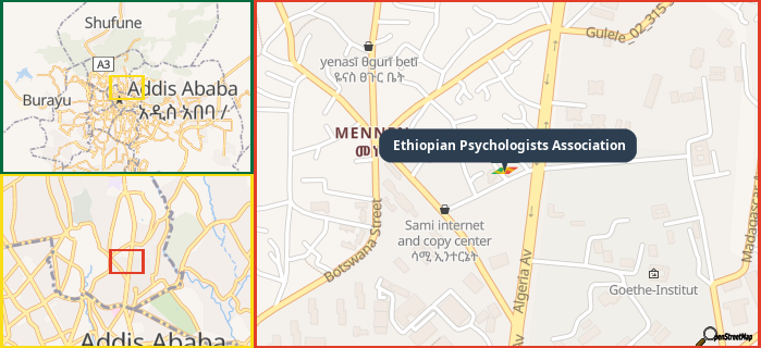 Map showing the address of Ethiopian Psychologists Association in three different zoom levels.