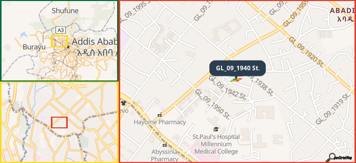 Map showing the address of GL_09_1940 St. in three different zoom levels.