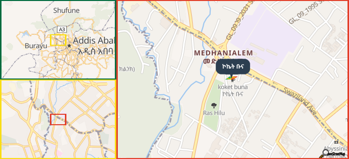 Map showing the address of ኮኬት ቡና in three different zoom levels.