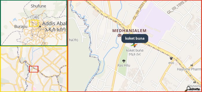 Map showing the address of koket buna in three different zoom levels.