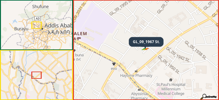 Map showing the address of GL_09_1967 St. in three different zoom levels.