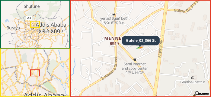 Map showing the address of Gulele_02_366 St in three different zoom levels.