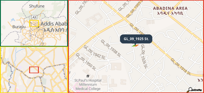 Map showing the address of GL_09_1925 St. in three different zoom levels.