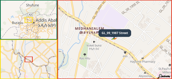 Map showing the address of GL_09_1987 Street in three different zoom levels.