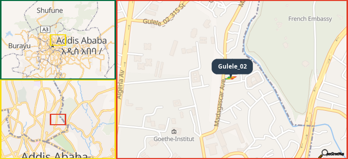 Map showing the address of Gulele_02 in three different zoom levels.