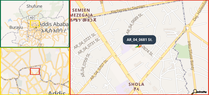 Map showing the address of AR_04_0681 St. in three different zoom levels.