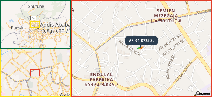 Map showing the address of AR_04_0725 St in three different zoom levels.