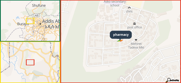 Map showing the address of pharmacy in three different zoom levels.