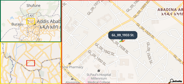 Map showing the address of GL_09_1933 St. in three different zoom levels.