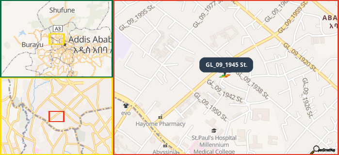 Map showing the address of GL_09_1945 St. in three different zoom levels.