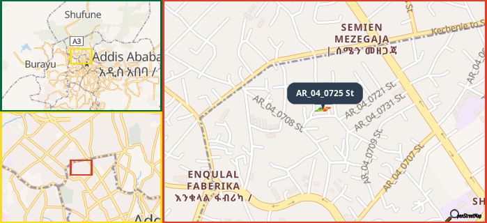 Map showing the address of AR_04_0725 St in three different zoom levels.