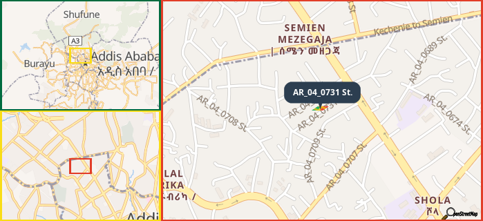 Map showing the address of AR_04_0731 St. in three different zoom levels.