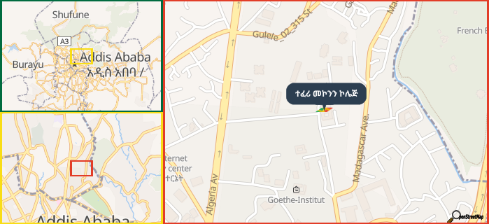 Map showing the address of ተፈሪ መኮንን ኮሌጅ in three different zoom levels.