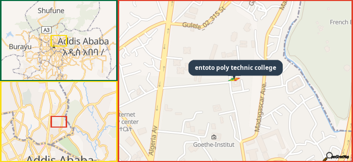 Map showing the address of entoto poly technic college in three different zoom levels.