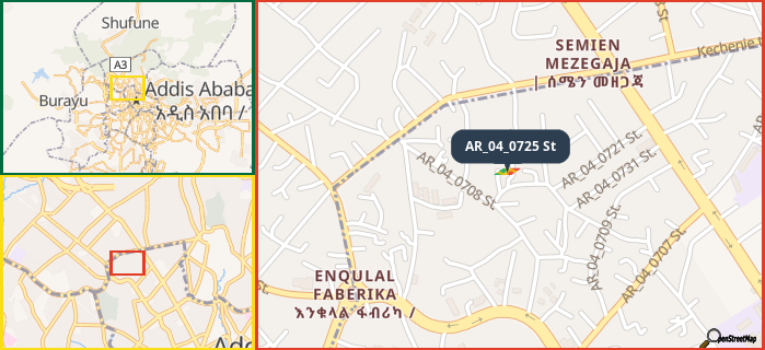 Map showing the address of AR_04_0725 St in three different zoom levels.