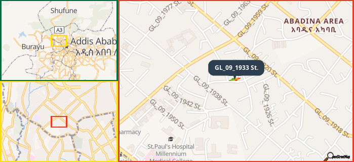 Map showing the address of GL_09_1933 St. in three different zoom levels.