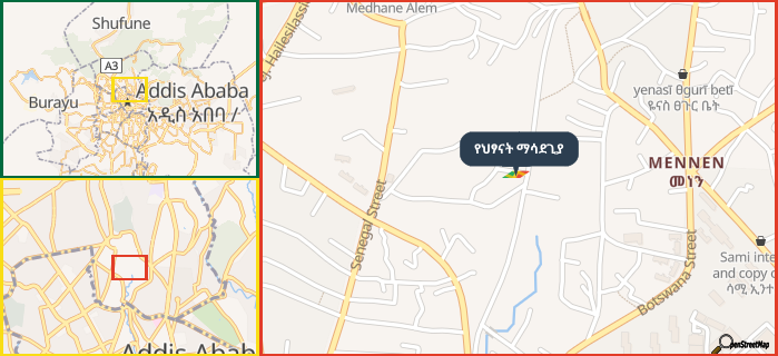 Map showing the address of የህፃናት ማሳደጊያ in three different zoom levels.