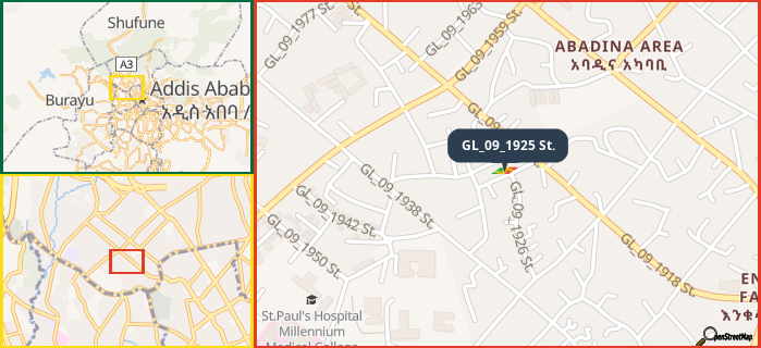 Map showing the address of GL_09_1925 St. in three different zoom levels.