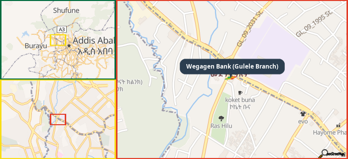 Map showing the address of Wegagen Bank (Gulele Branch) in three different zoom levels.