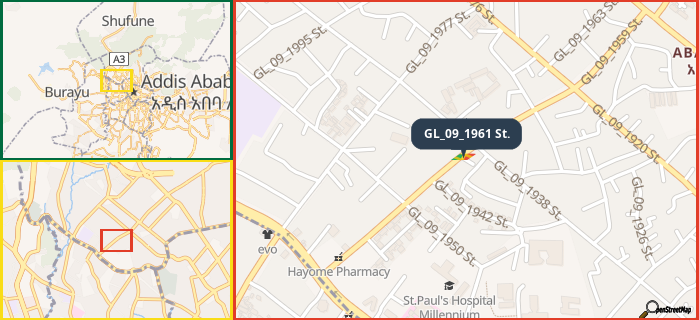 Map showing the address of GL_09_1961 St. in three different zoom levels.