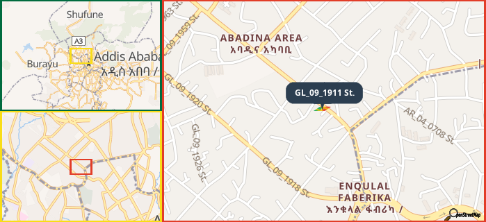 Map showing the address of GL_09_1911 St. in three different zoom levels.