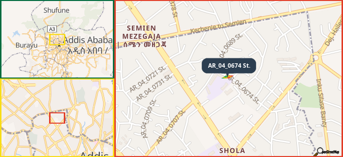 Map showing the address of AR_04_0674 St. in three different zoom levels.