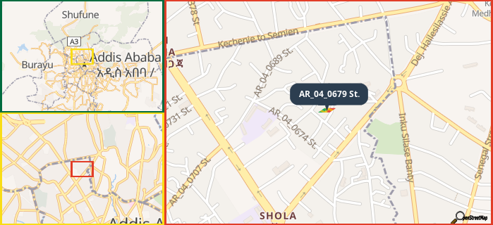 Map showing the address of AR_04_0679 St. in three different zoom levels.