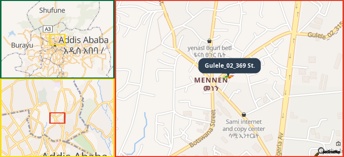 Map showing the address of Gulele_02_369 St. in three different zoom levels.