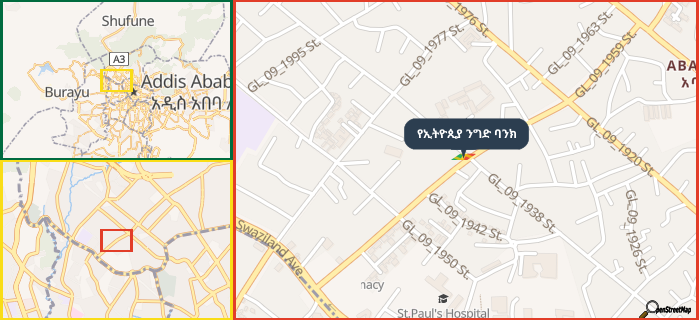 Map showing the address of የኢትዮጲያ ንግድ ባንክ in three different zoom levels.