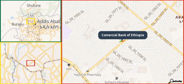 Map showing the address of Comercial Bank of Ethiopia in three different zoom levels.