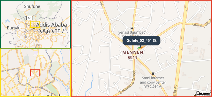 Map showing the address of Gulele_02_451 St in three different zoom levels.