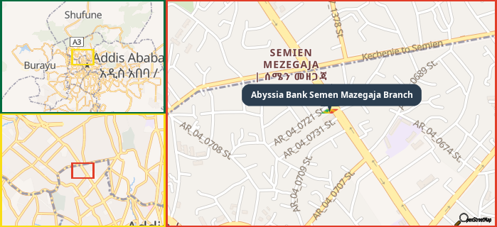 Map showing the address of Abyssia Bank Semen Mazegaja Branch in three different zoom levels.