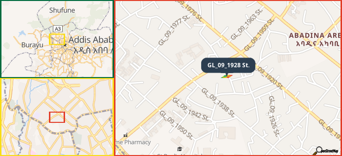 Map showing the address of GL_09_1928 St. in three different zoom levels.