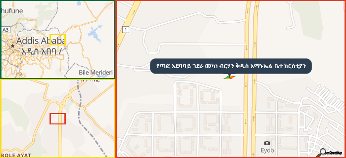 Map showing the address of የጣፎ አደባባይ ገደራ መካነ ብርሃን ቅዱስ አማኑኤል ቤተ ክርስቲያን in three different zoom levels.