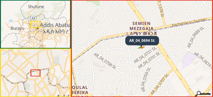 Map showing the address of AR_04_0694 St. in three different zoom levels.