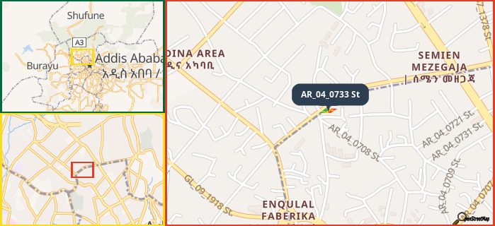 Map showing the address of AR_04_0733 St in three different zoom levels.