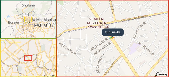 Map showing the address of Tunisia Av. in three different zoom levels.