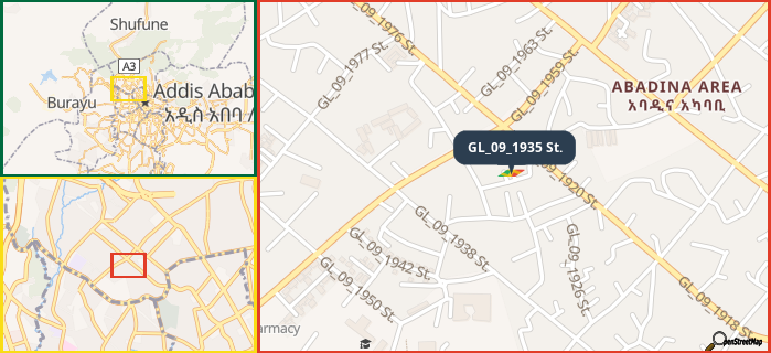 Map showing the address of GL_09_1935 St. in three different zoom levels.
