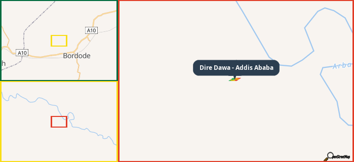 Map showing the address of Dire Dawa - Addis Ababa in three different zoom levels.