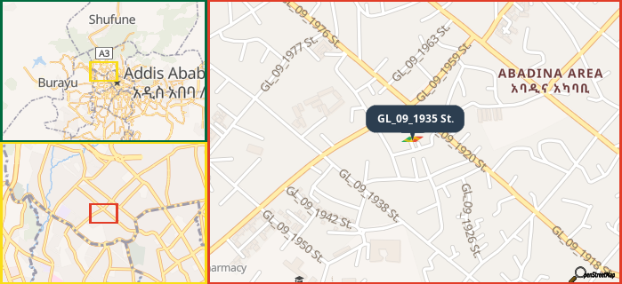 Map showing the address of GL_09_1935 St. in three different zoom levels.