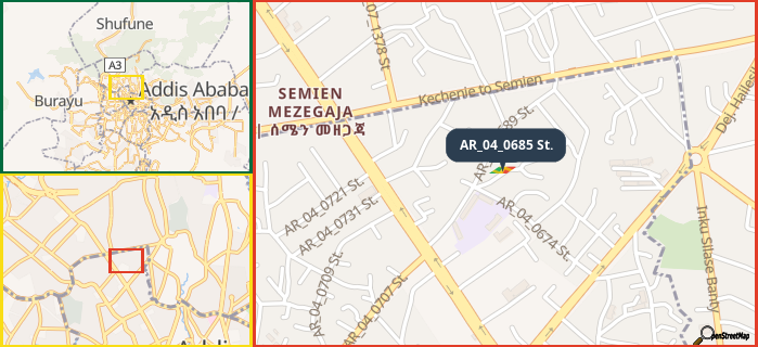 Map showing the address of AR_04_0685 St. in three different zoom levels.