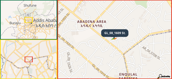 Map showing the address of GL_08_1609 St. in three different zoom levels.
