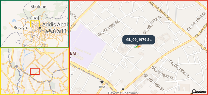 Map showing the address of GL_09_1979 St. in three different zoom levels.